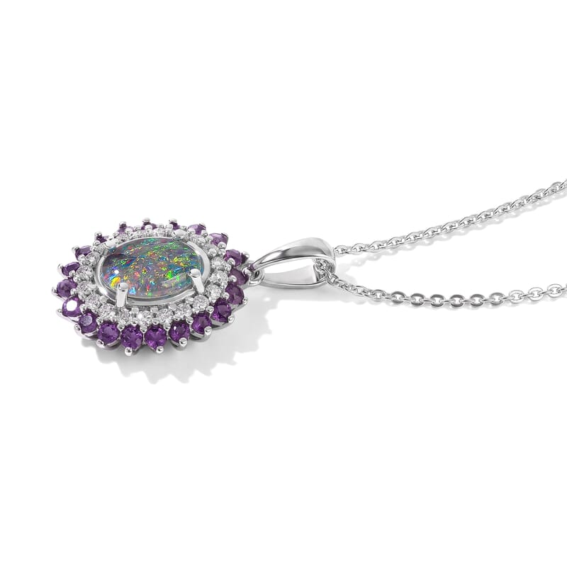 D'Joy Premium Australian Black Ridge Opal Triplet and Multi Gemstone 1.50 ctw Celestial Splendor Pendant Necklace in Rhodium Over Sterling Silver 20 Inches