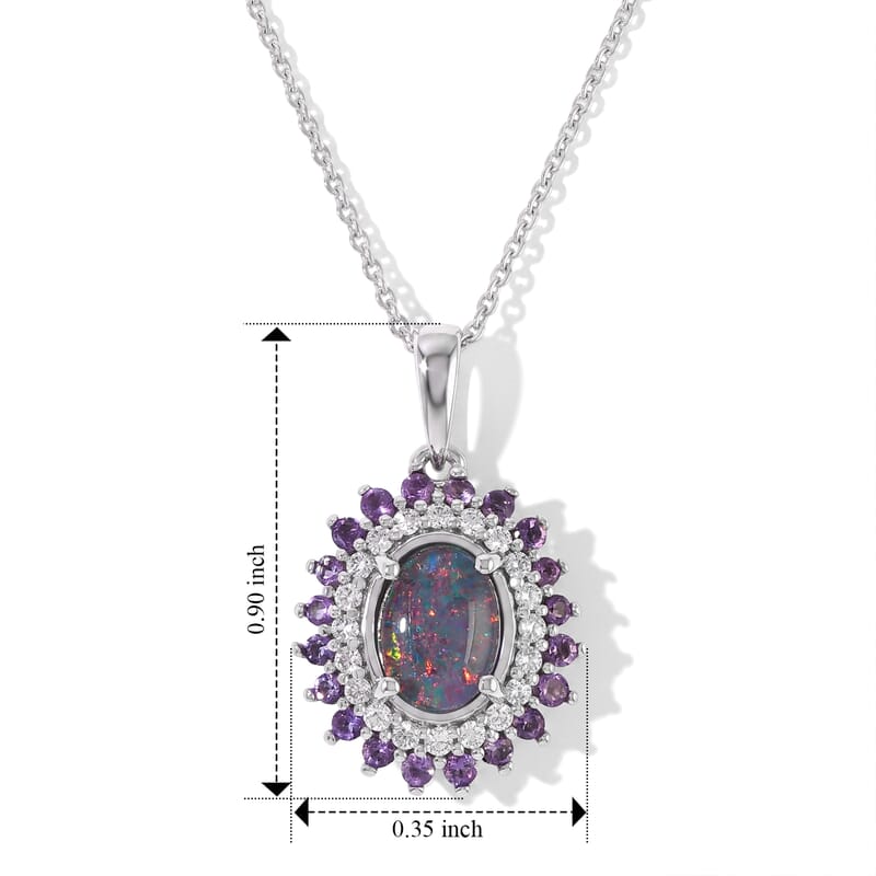 D'Joy Premium Australian Black Ridge Opal Triplet and Multi Gemstone 1.50 ctw Celestial Splendor Pendant Necklace in Rhodium Over Sterling Silver 20 Inches