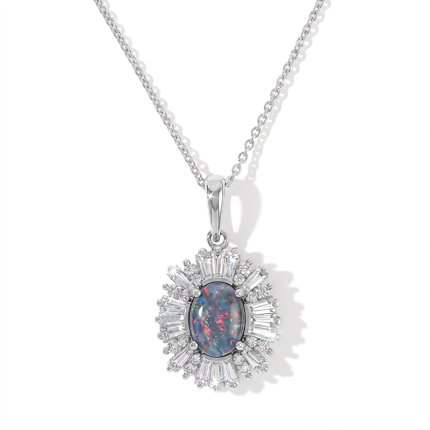 D''Joy Premium Australian Black Ridge Opal Triplet, Moissanite Imperial Starburst Pendant Necklace (20 Inches) in Rhodium Over Sterling Silver (Ships in 8-10 Days) 1.60 ctw