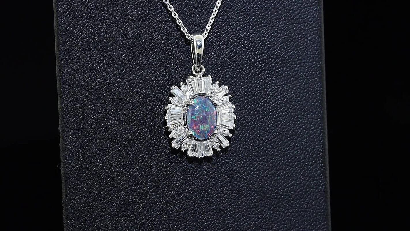 D''Joy Premium Australian Black Ridge Opal Triplet, Moissanite Imperial Starburst Pendant Necklace (20 Inches) in Rhodium Over Sterling Silver (Ships in 8-10 Days) 1.60 ctw