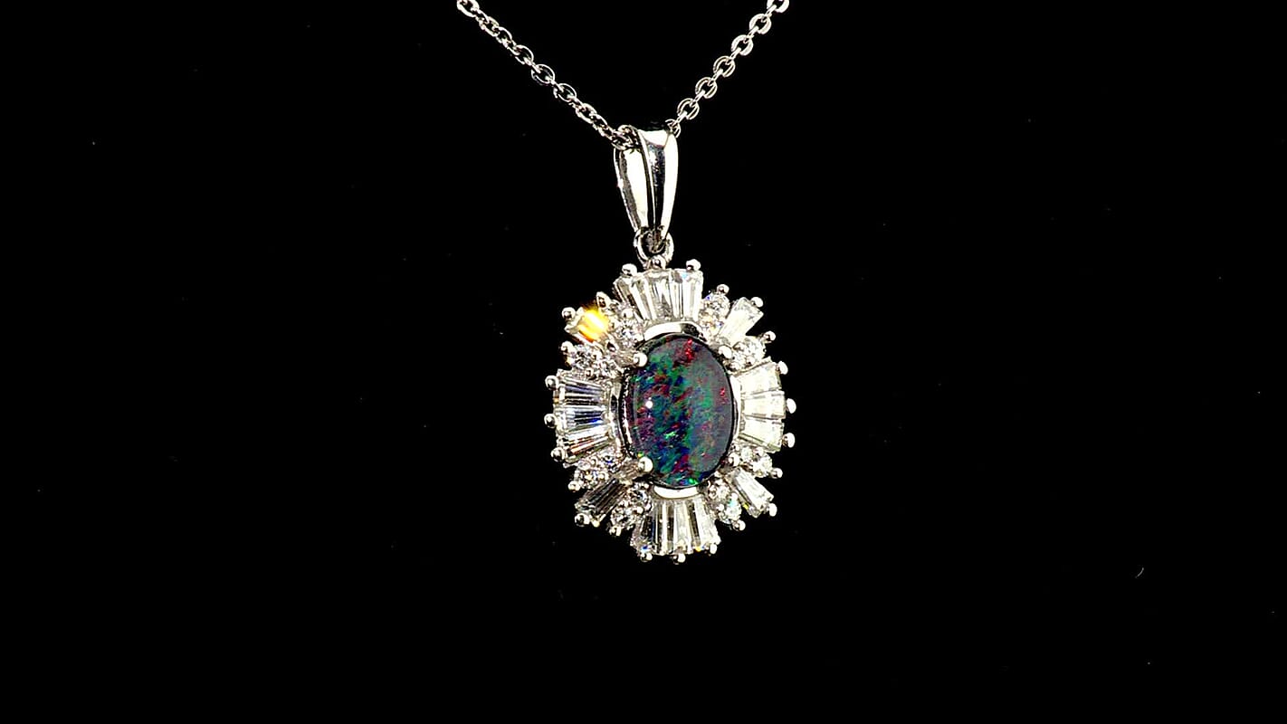 D''Joy Premium Australian Black Ridge Opal Triplet, Moissanite Imperial Starburst Pendant Necklace (20 Inches) in Rhodium Over Sterling Silver (Ships in 8-10 Days) 1.60 ctw
