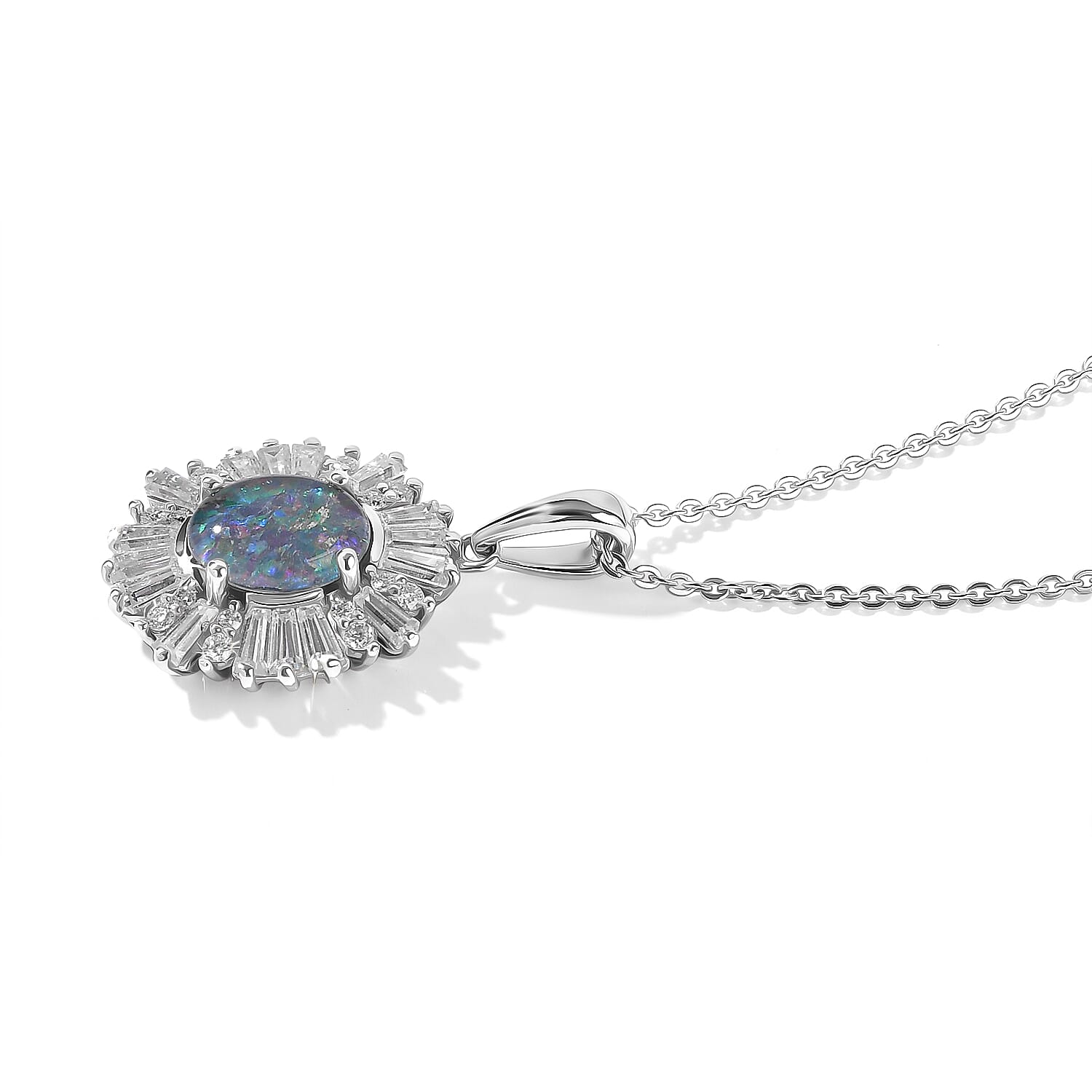 D'Joy Premium Australian Black Ridge Opal Triplet and Moissanite 1.60 ctw Imperial Starburst Pendant Necklace in Rhodium Over Sterling Silver 20 Inches