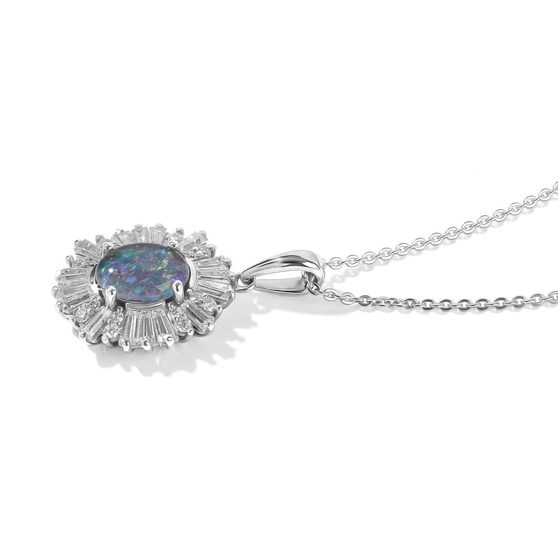 D'Joy Premium Australian Black Ridge Opal Triplet and Moissanite 1.60 ctw Imperial Starburst Pendant Necklace in Rhodium Over Sterling Silver 20 Inches