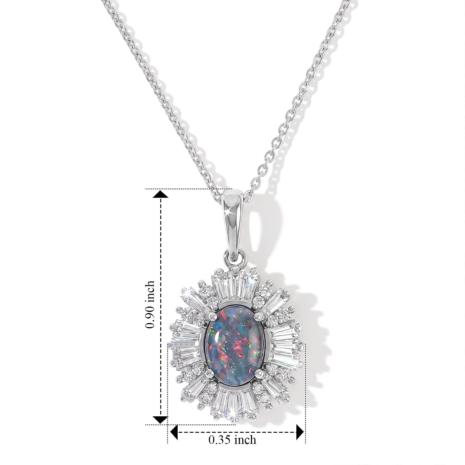 D'Joy Premium Australian Black Ridge Opal Triplet and Moissanite 1.60 ctw Imperial Starburst Pendant Necklace in Rhodium Over Sterling Silver 20 Inches