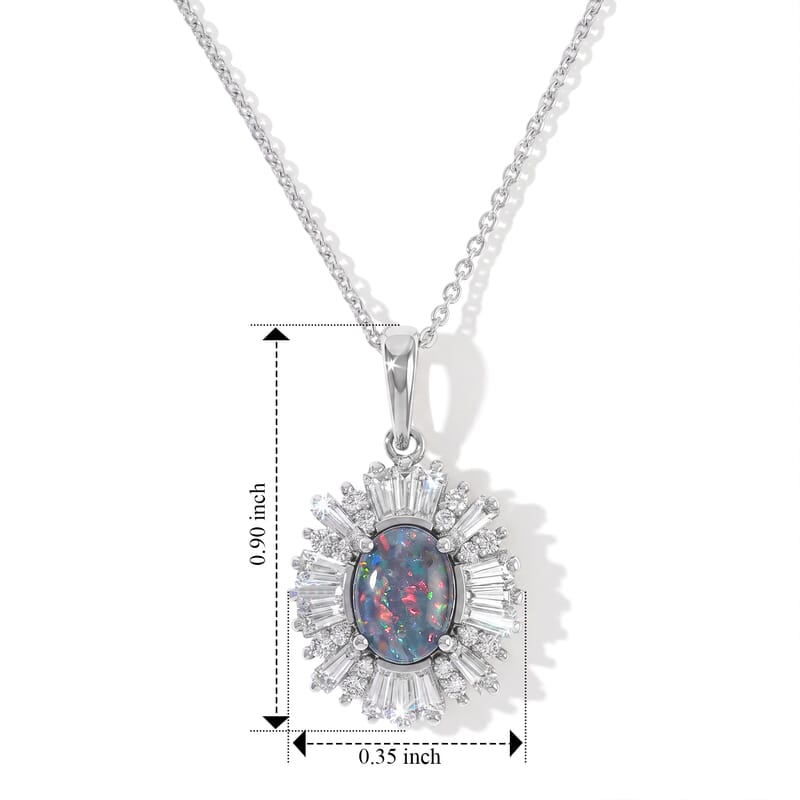 D'Joy Premium Australian Black Ridge Opal Triplet and Moissanite 1.60 ctw Imperial Starburst Pendant Necklace in Rhodium Over Sterling Silver 20 Inches