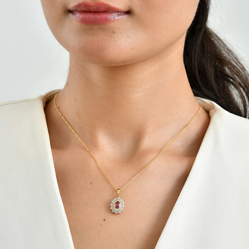 D'Joy Premium Tanzanian Wine Garnet and Moissanite 0.90 ctw Pendant Necklace in 18K Vermeil Yellow Gold Over Sterling Silver 20 Inches