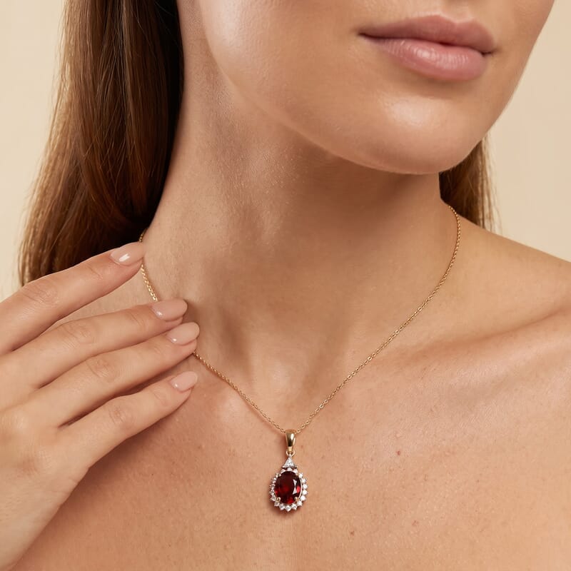 AAA Tanzanian Wine Garnet and Luxuriant Lab Grown Diamond E-F VS 2.60 ctw Pendant Necklace in 10K Yellow Gold 20 Inches