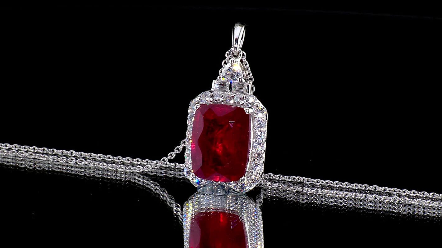 Certified & Appraised D''Joy Premium Niassa Ruby (FF), Moissanite Pendant Necklace (18 Inches) in Rhodium Over Sterling Silver 9.65 ctw