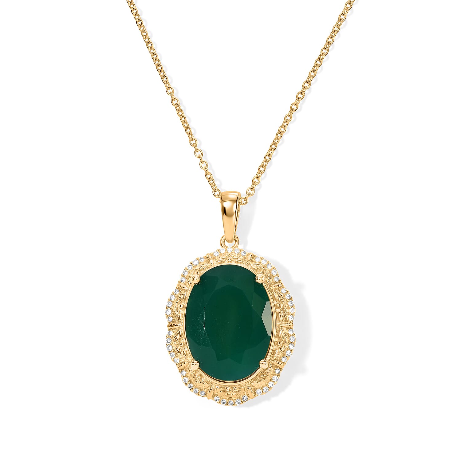 EverTrue Verde Onyx and White Zircon 14.70 ctw Pendant in 18K YG Plated with ION Plated YG Stainless Steel Necklace 20 Inches