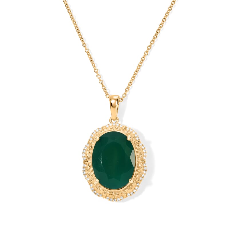 EverTrue Verde Onyx and White Zircon 14.70 ctw Pendant in 18K YG Plated with ION Plated YG Stainless Steel Necklace 20 Inches