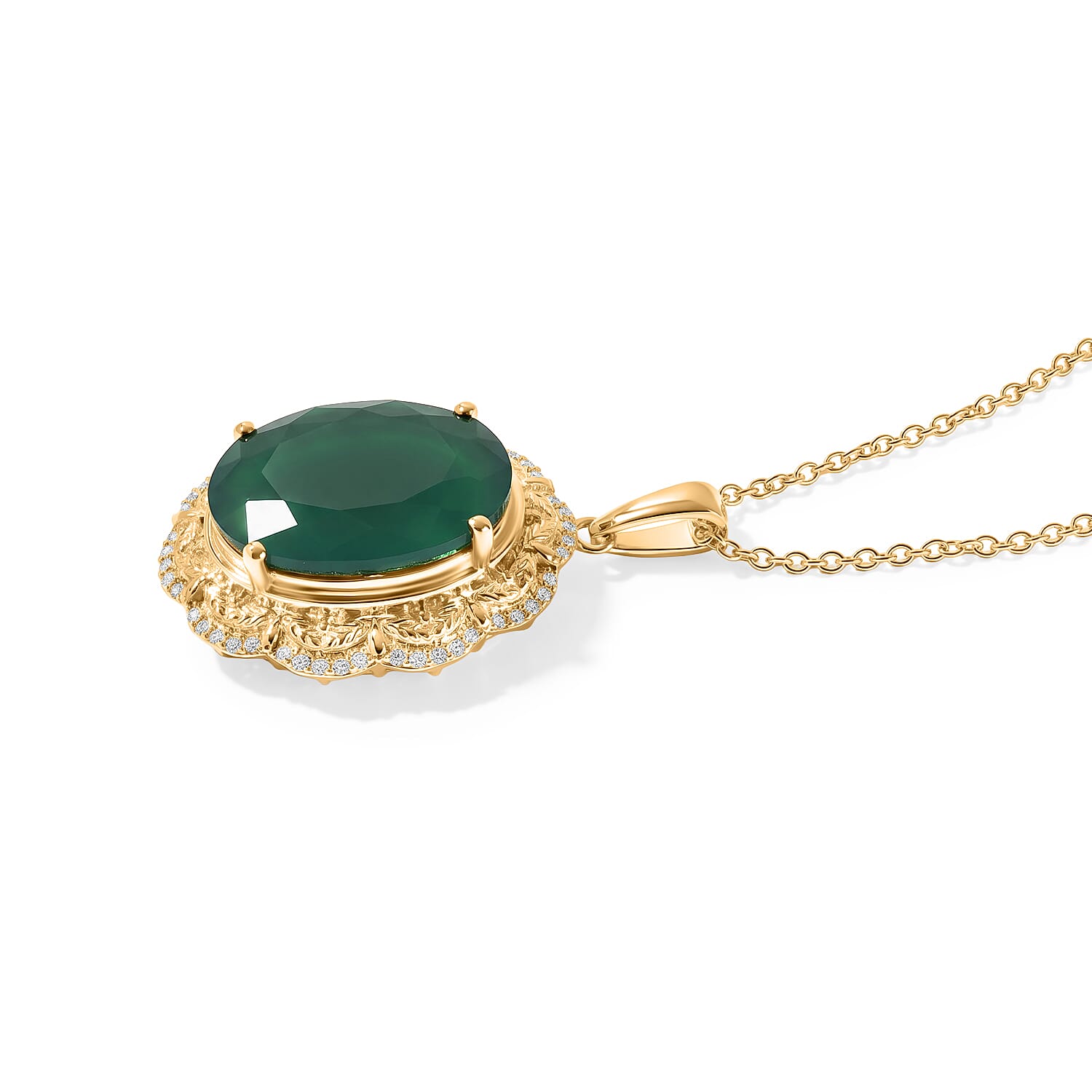 EverTrue Verde Onyx and White Zircon 14.70 ctw Pendant in 18K YG Plated with ION Plated YG Stainless Steel Necklace 20 Inches