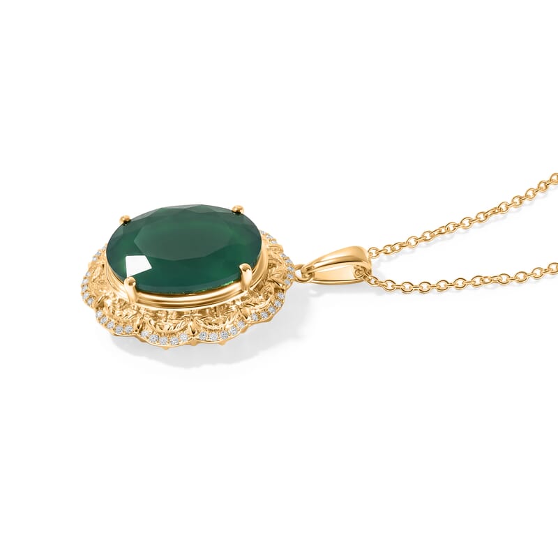 EverTrue Verde Onyx and White Zircon 14.70 ctw Pendant in 18K YG Plated with ION Plated YG Stainless Steel Necklace 20 Inches