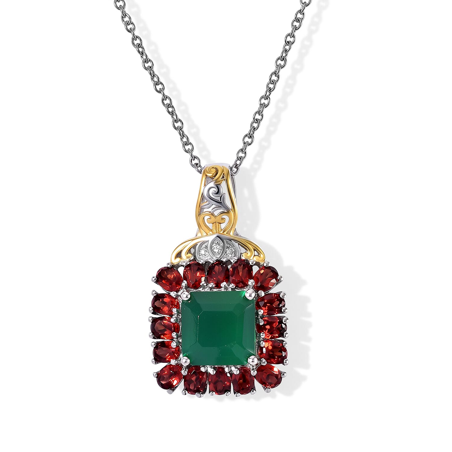 EverTrue Verde Onyx and Multi Gemstone 8.25 ctw Pendant in 18K YG Plated and Platinum Bond with Stainless Steel Necklace 20 Inches