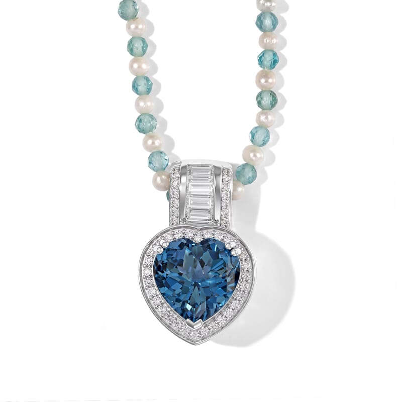 Doorbuster D'Joy AAA London Blue Topaz and Moissanite 33.00 ctw Heart Pendant with Beaded Necklace in Rhodium Over Sterling Silver 20 Inches