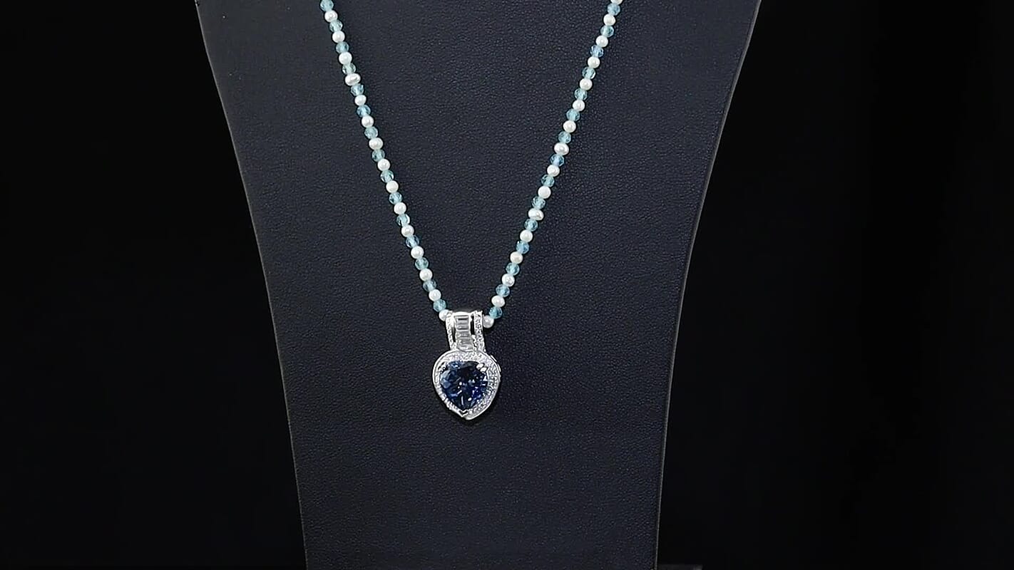 Doorbuster D''Joy AAA London Blue Topaz and Moissanite 33.00 ctw Heart Pendant with Beaded Necklace in Rhodium Over Sterling Silver 20 Inches