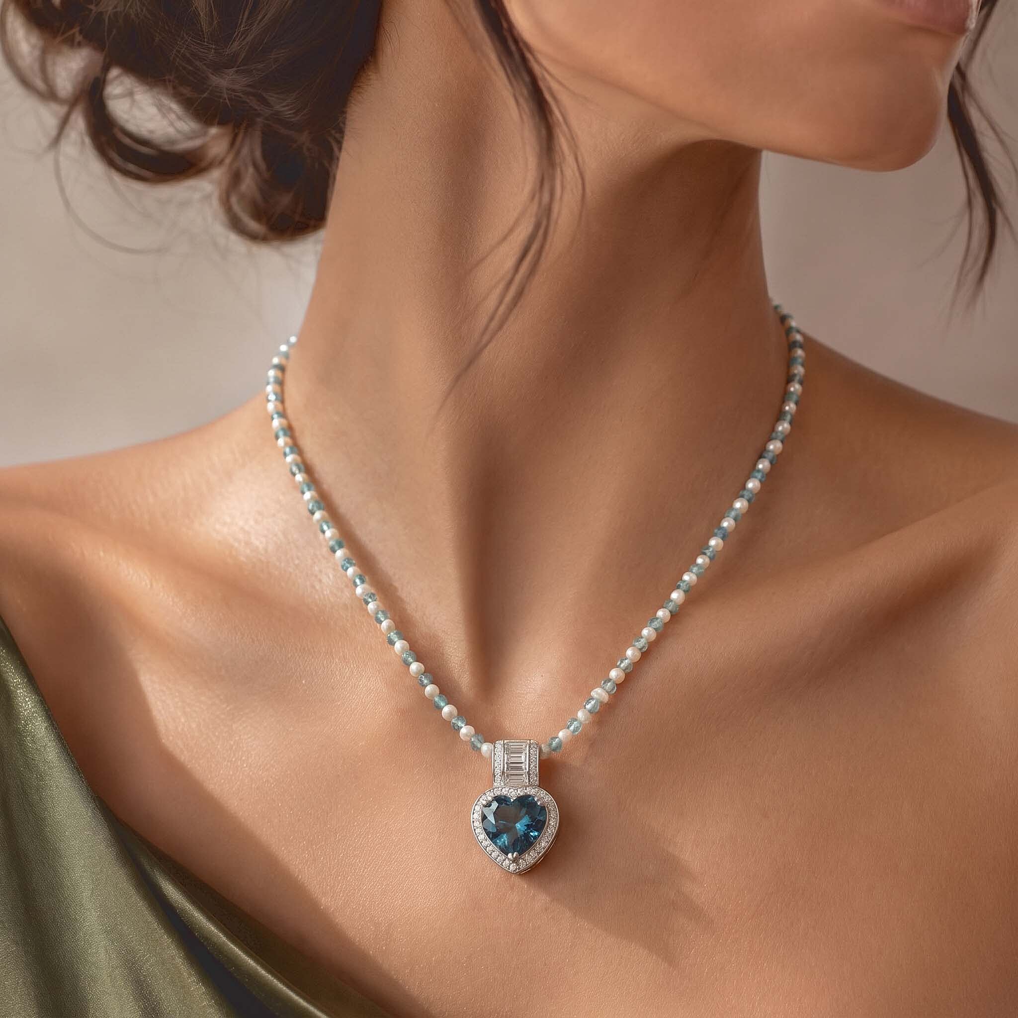 Doorbuster D'Joy AAA London Blue Topaz and Moissanite 33.00 ctw Heart Pendant with Beaded Necklace in Rhodium Over Sterling Silver 20 Inches