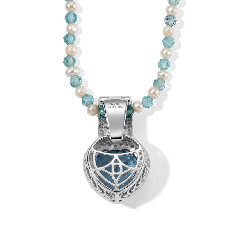 Doorbuster D'Joy AAA London Blue Topaz and Moissanite 33.00 ctw Heart Pendant with Beaded Necklace in Rhodium Over Sterling Silver 20 Inches
