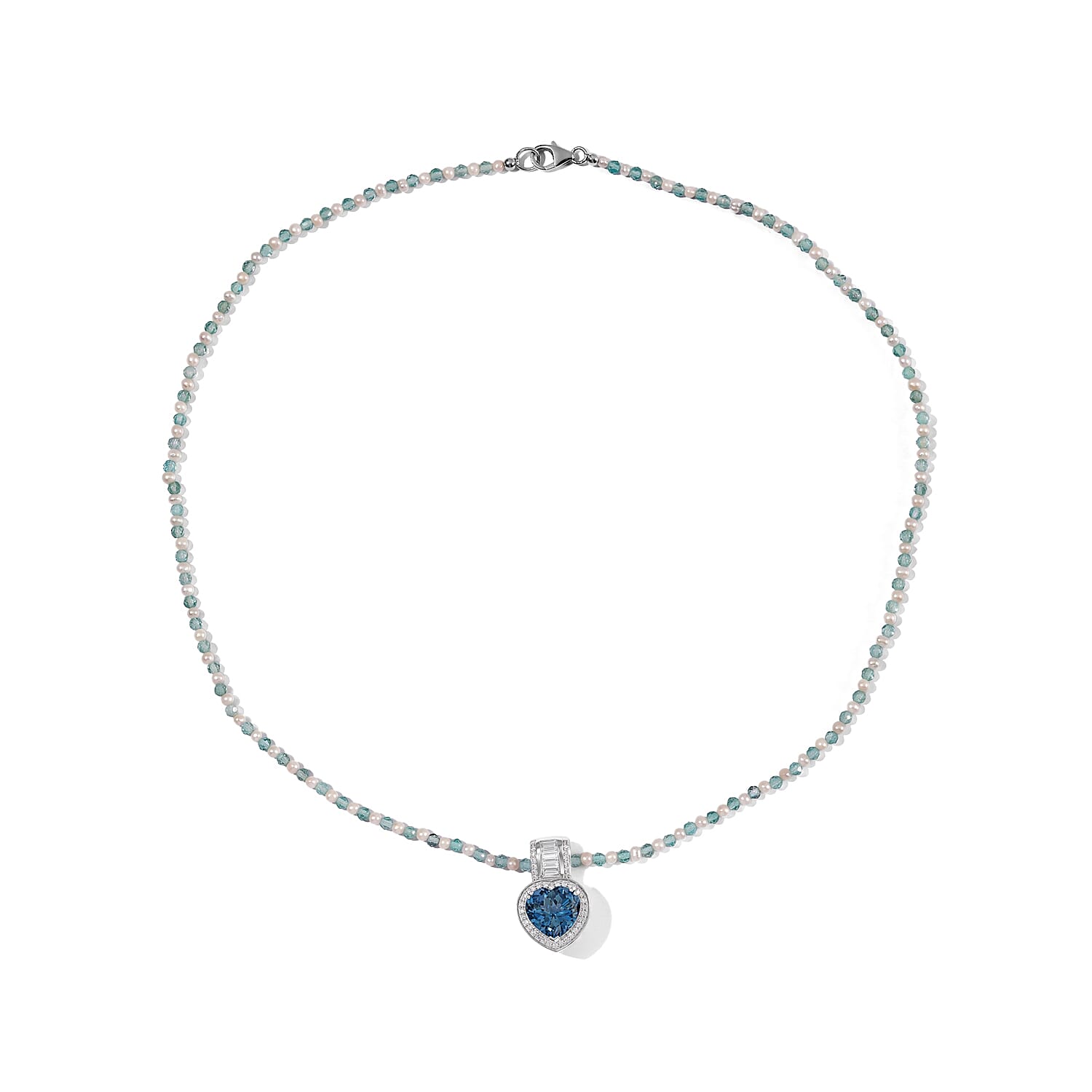 Doorbuster D'Joy AAA London Blue Topaz and Moissanite 33.00 ctw Heart Pendant with Beaded Necklace in Rhodium Over Sterling Silver 20 Inches