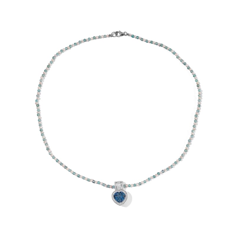 Doorbuster D'Joy AAA London Blue Topaz and Moissanite 33.00 ctw Heart Pendant with Beaded Necklace in Rhodium Over Sterling Silver 20 Inches