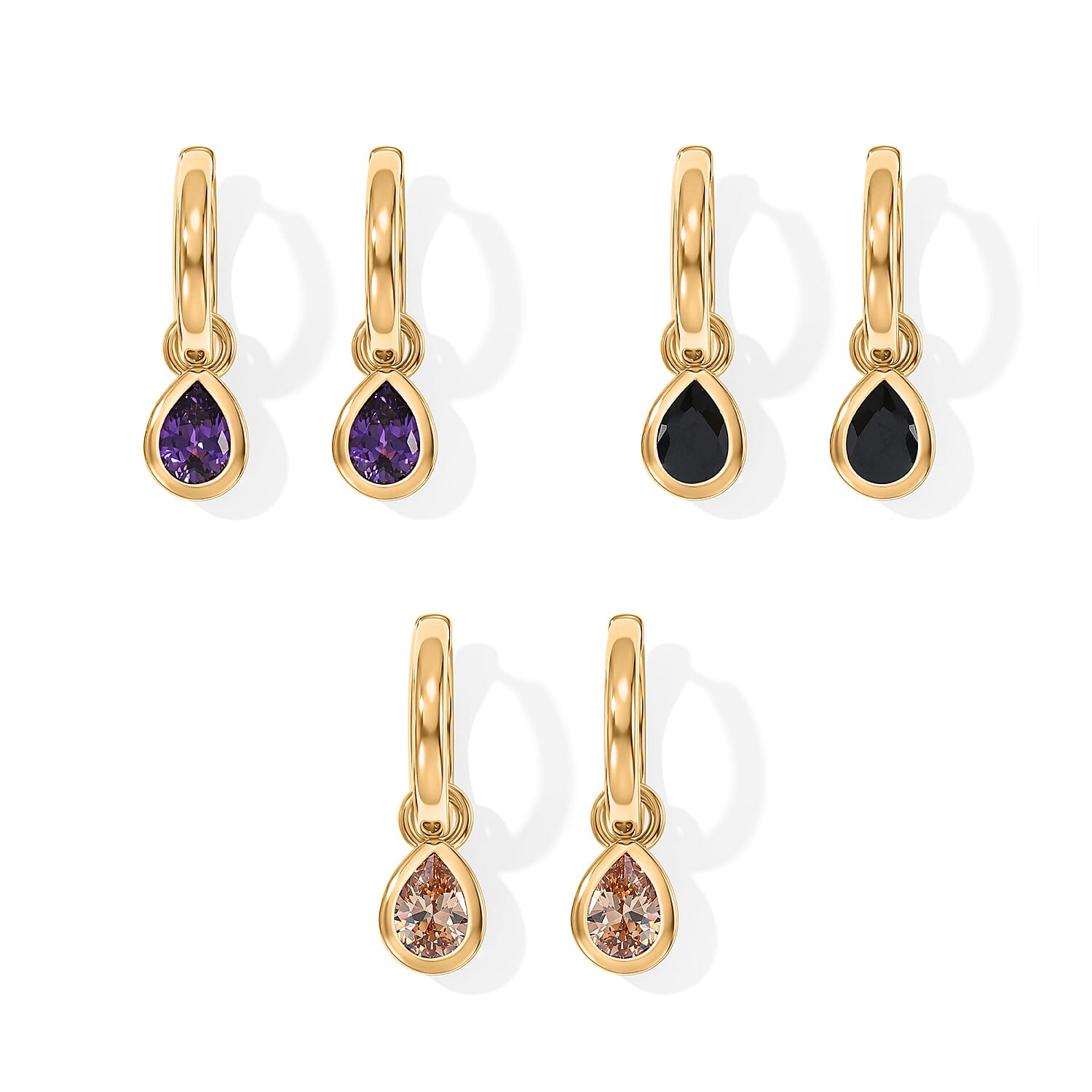 EverTrue Simulated Multi Diamond Set of 3 Hoop Earrings in 18K YG Plated (Ships in 10-12 Days) 6.40 ctw