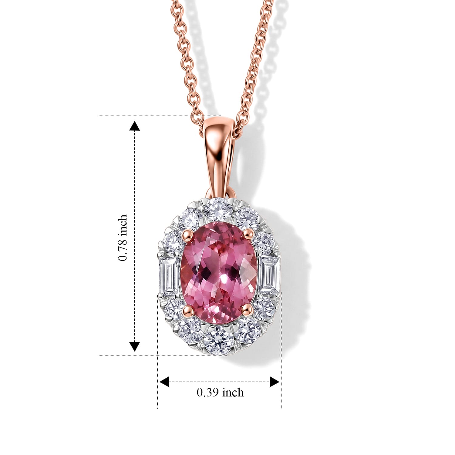 Certified and Appraised AAA Padparadscha Tourmaline and Luxuriant Lab Grown Diamond G-H SI 1.70 ctw Pendant Necklace in 10K Rose Gold 18 Inches
