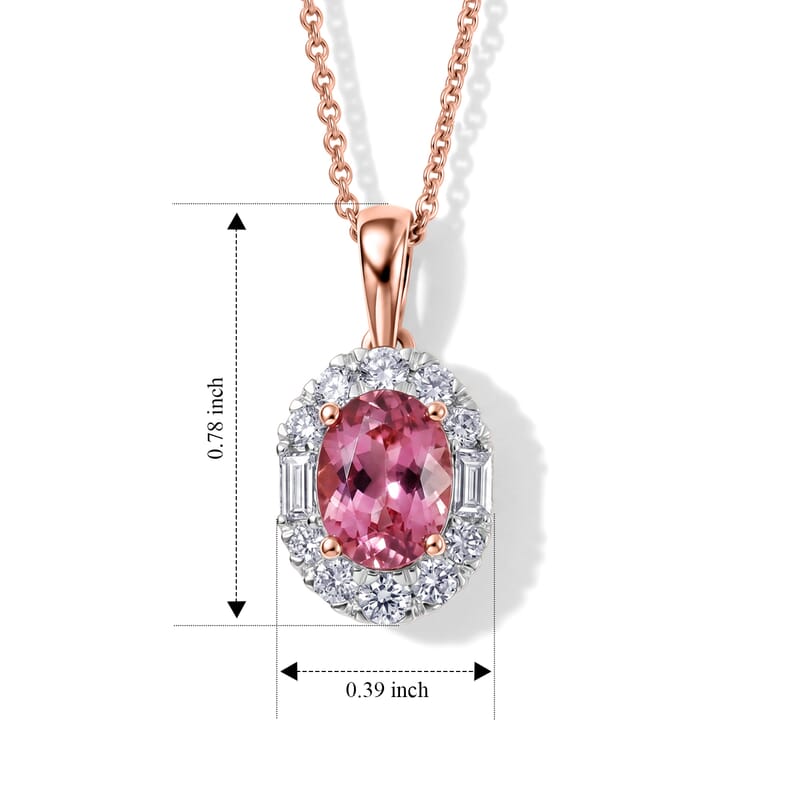Certified and Appraised AAA Padparadscha Tourmaline and Luxuriant Lab Grown Diamond G-H SI 1.70 ctw Pendant Necklace in 10K Rose Gold 18 Inches