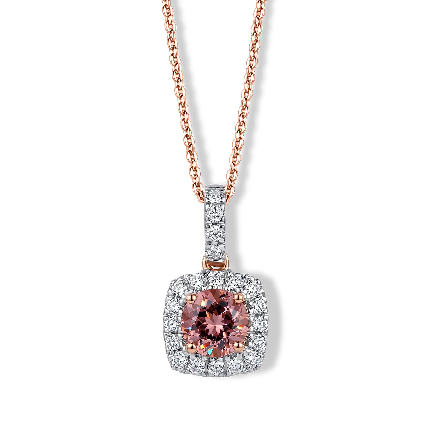 Certified and Appraised AAA Padparadscha Tourmaline and Luxuriant Lab Grown Diamond G-H SI 1.30 ctw Pendant Necklace in 10K Rose Gold 18 Inches