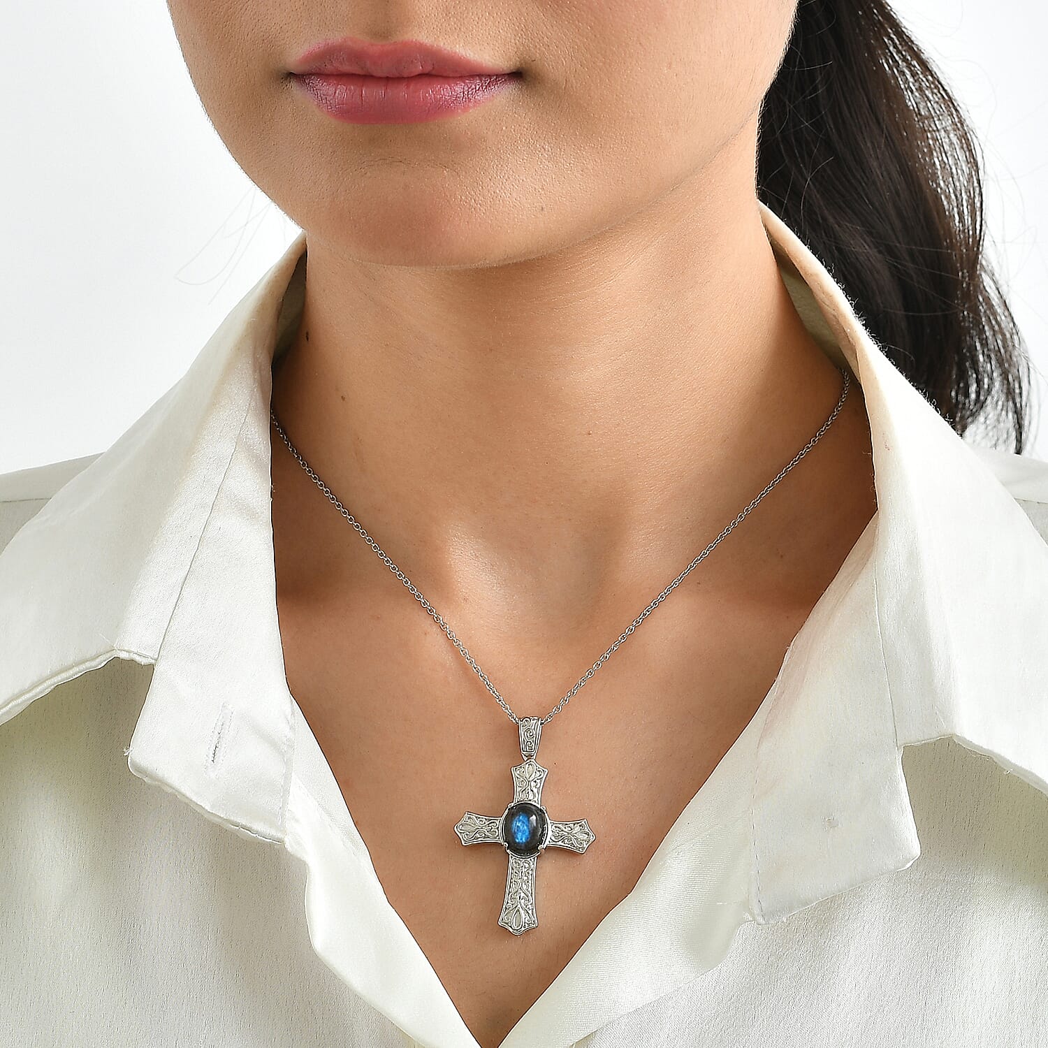 EverTrue AAA Malagasy Labradorite 4.70 ctw Celtic Cross Pendant in Platinum Bond with Stainless Steel Necklace 20 Inches