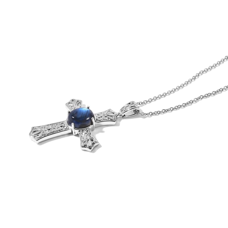EverTrue AAA Malagasy Labradorite 4.70 ctw Celtic Cross Pendant in Platinum Bond with Stainless Steel Necklace 20 Inches
