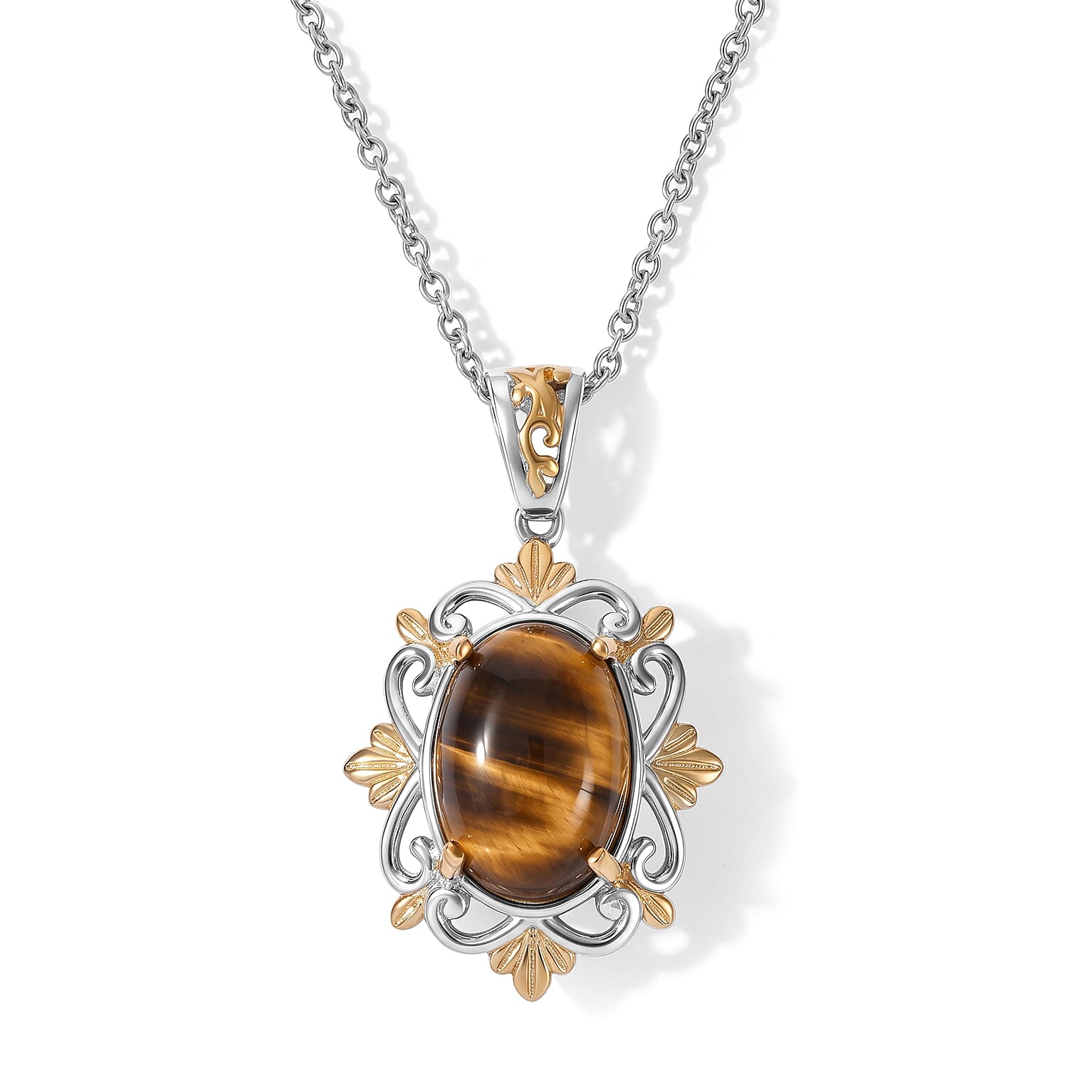 EverTrue Tiger''s Eye Pendant in 18K YG Plated and Platinum Bond with Stainless Steel Necklace (20 Inches) 7.10 ctw