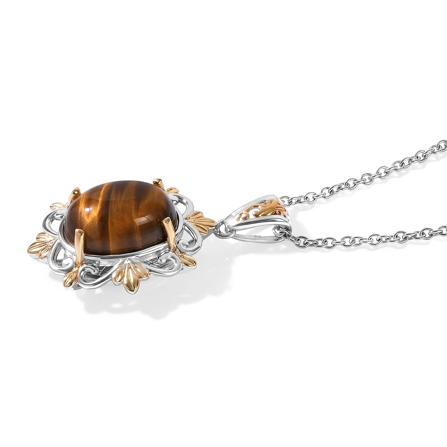 EverTrue Tiger's Eye 7.10 ctw Golden Filigree Pendant in 18K YG Plated and Platinum Bond with Stainless Steel Necklace 20 Inches