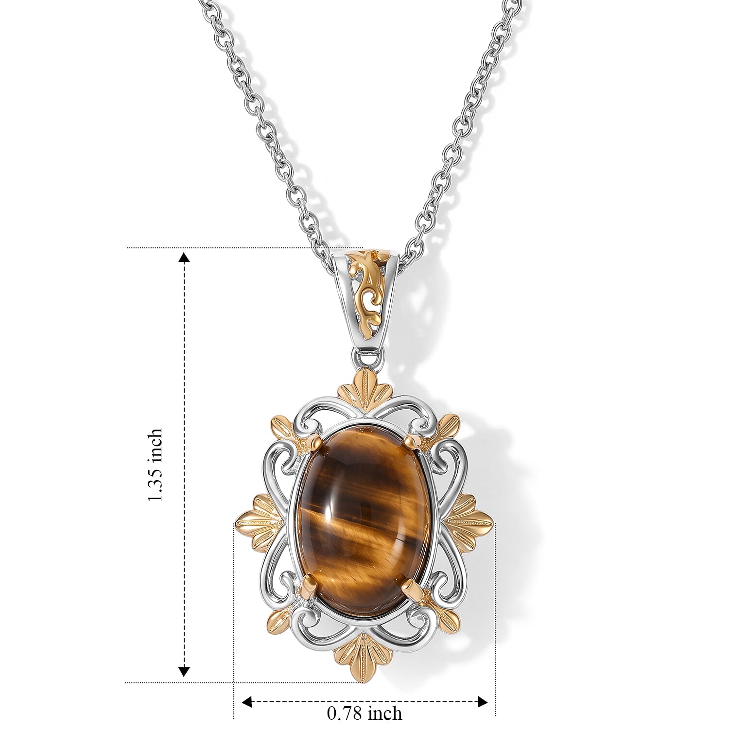 EverTrue Tiger's Eye 7.10 ctw Golden Filigree Pendant in 18K YG Plated and Platinum Bond with Stainless Steel Necklace 20 Inches