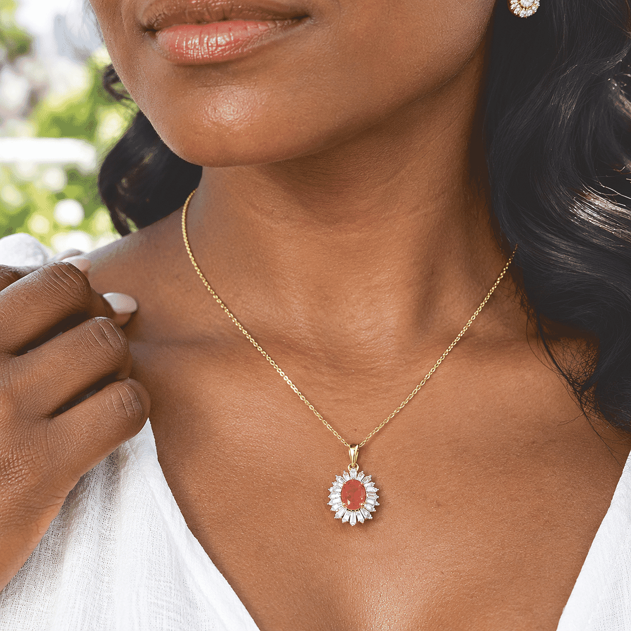 D'Joy AAA Crimson Fire Opal and Moissanite 1.70 ctw Sunkissed Spark Pendant Necklace in 18K Vermeil Yellow Gold Over Sterling Silver 20 Inches