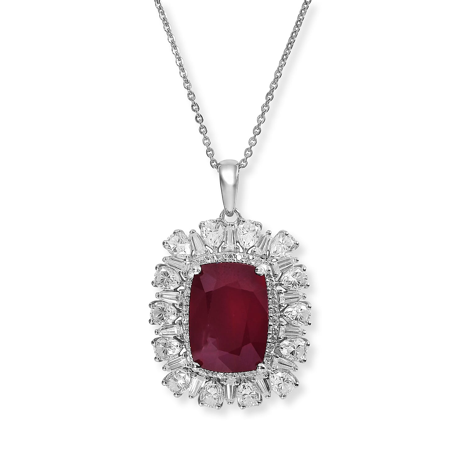 Doorbuster D'Joy Premium African Ruby (FF) and Moissanite 14.70 ctw Pendant Necklace in Rhodium Over Sterling Silver 20 Inches