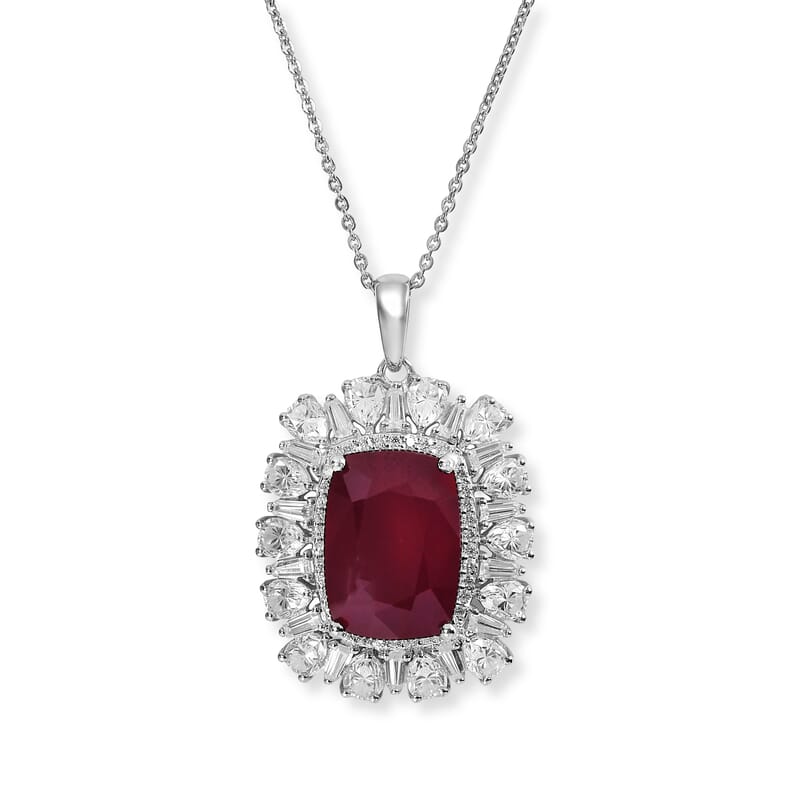 Doorbuster D'Joy Premium African Ruby (FF) and Moissanite 14.70 ctw Pendant Necklace in Rhodium Over Sterling Silver 20 Inches
