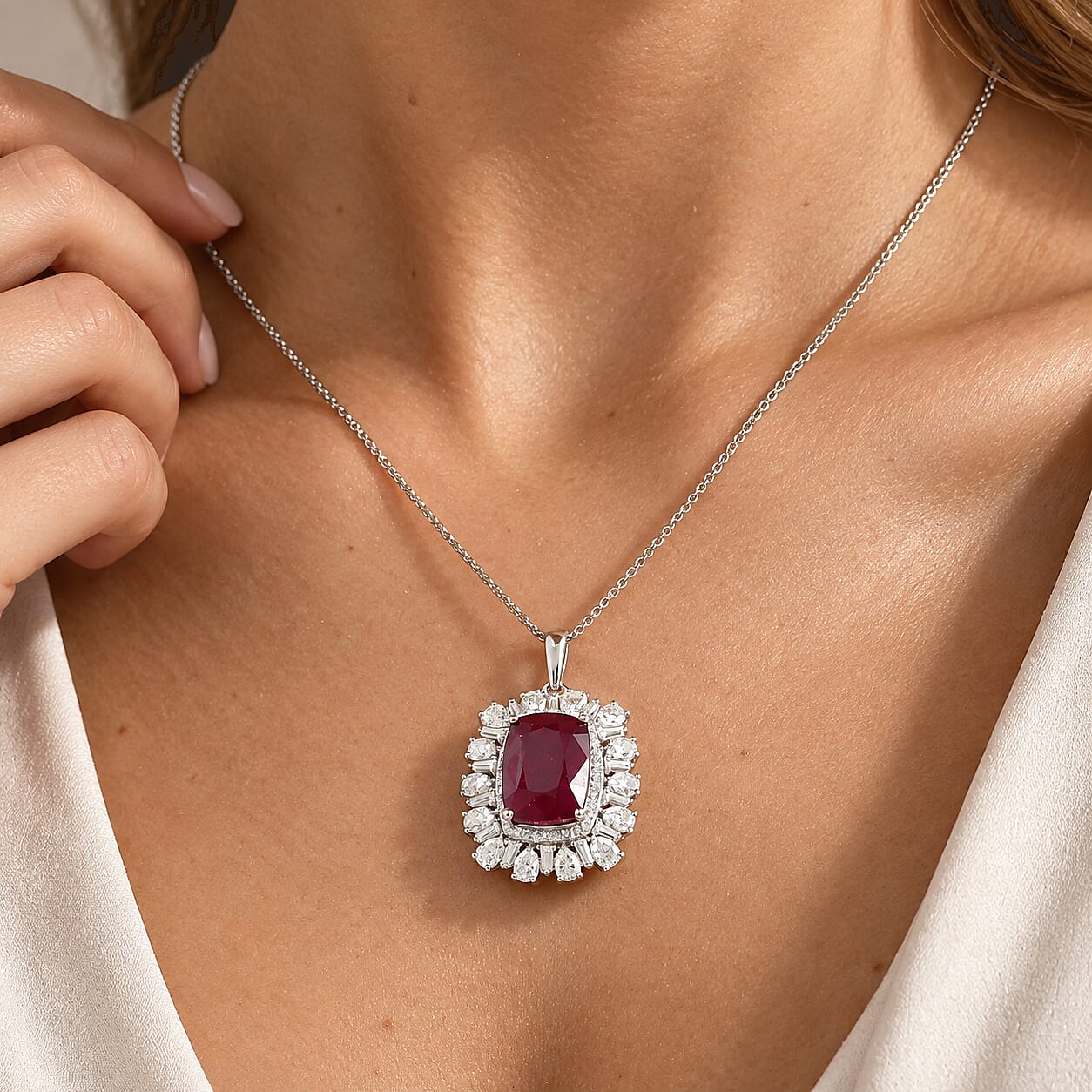 Doorbuster D'Joy Premium African Ruby (FF) and Moissanite 14.70 ctw Pendant Necklace in Rhodium Over Sterling Silver 20 Inches
