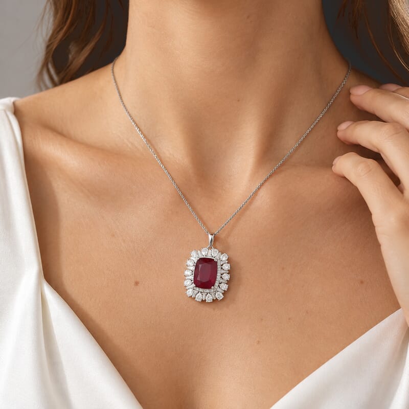 Doorbuster D'Joy Premium African Ruby (FF) and Moissanite 14.70 ctw Pendant Necklace in Rhodium Over Sterling Silver 20 Inches