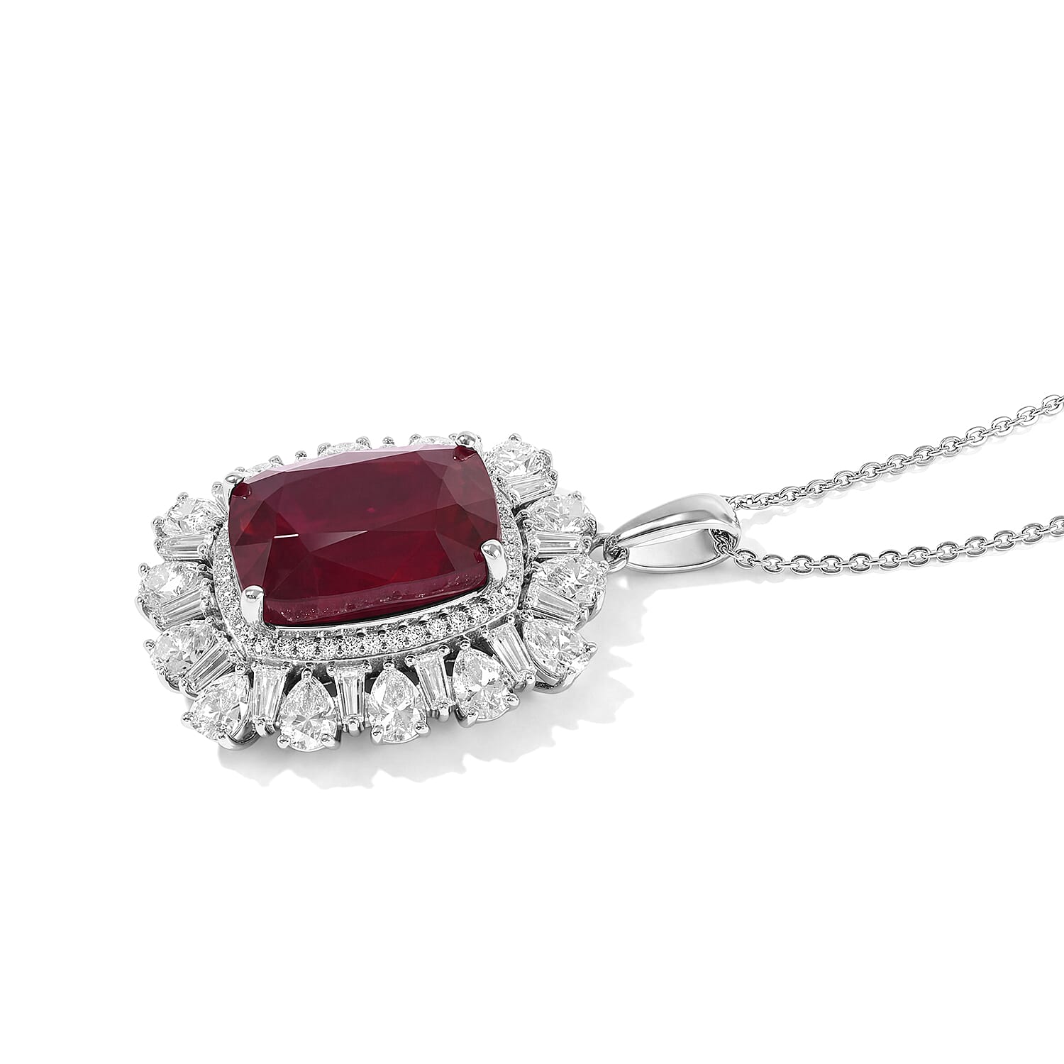 Doorbuster D'Joy Premium African Ruby (FF) and Moissanite 14.70 ctw Pendant Necklace in Rhodium Over Sterling Silver 20 Inches
