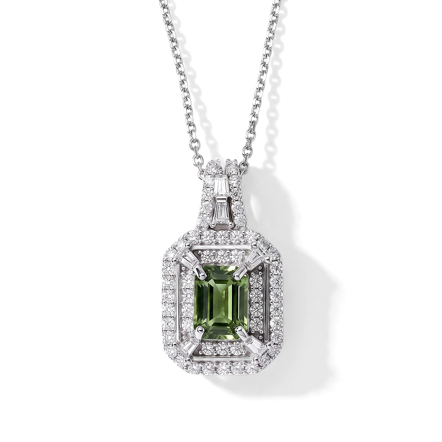 D'Joy Premium Green Sapphire and Moissanite 1.75 ctw Pendant Necklace in Rhodium Over Sterling Silver 20 Inches