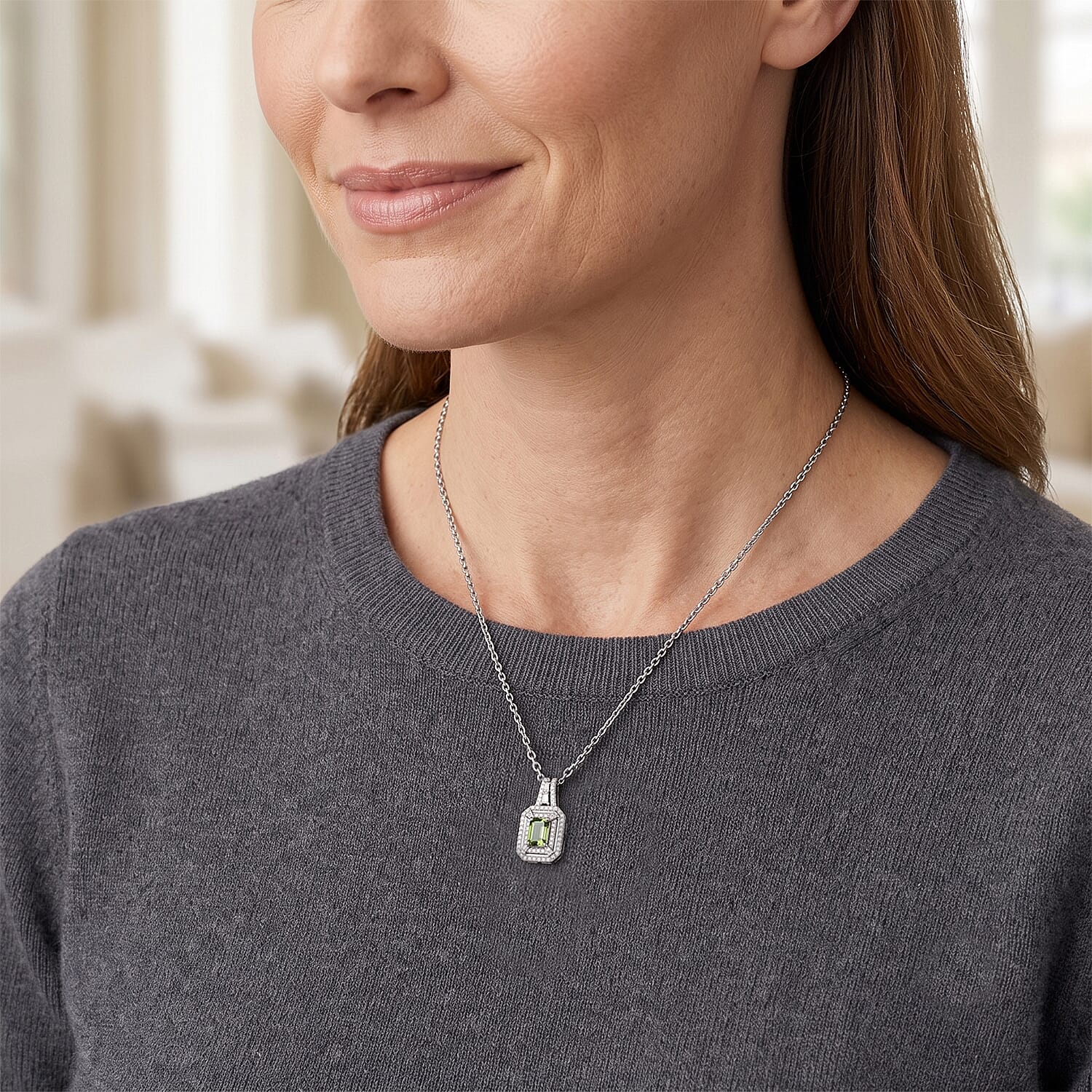 D'Joy Premium Green Sapphire and Moissanite 1.75 ctw Pendant Necklace in Rhodium Over Sterling Silver 20 Inches