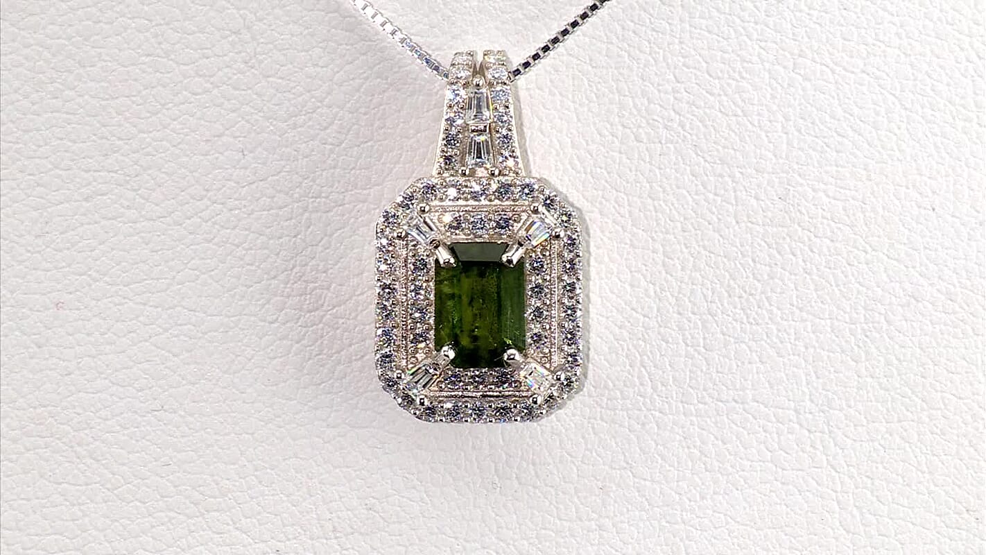 D''Joy Premium Green Sapphire and Moissanite 1.75 ctw Pendant Necklace in Rhodium Over Sterling Silver 20 Inches