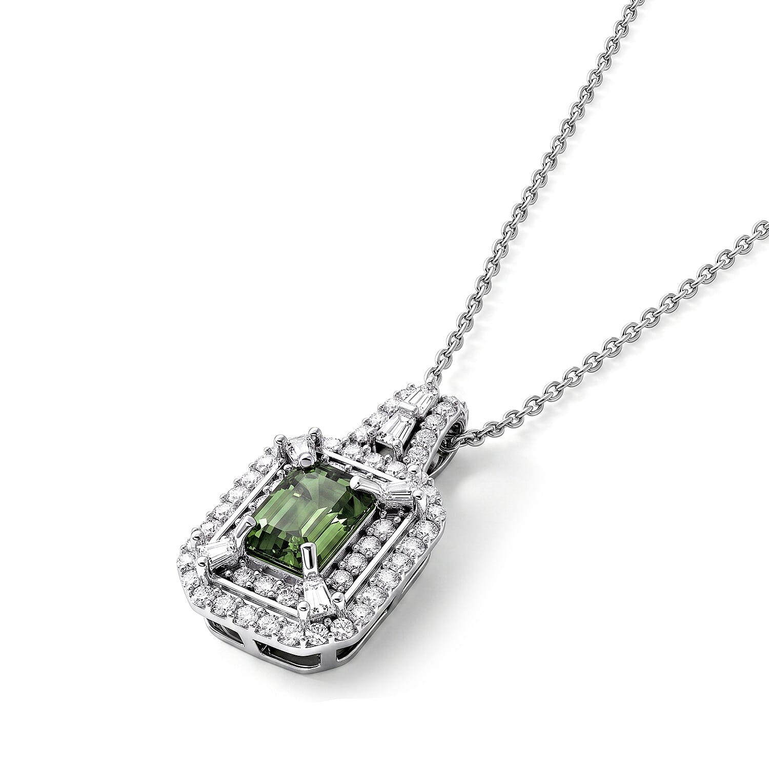 D'Joy Premium Green Sapphire and Moissanite 1.75 ctw Pendant Necklace in Rhodium Over Sterling Silver 20 Inches