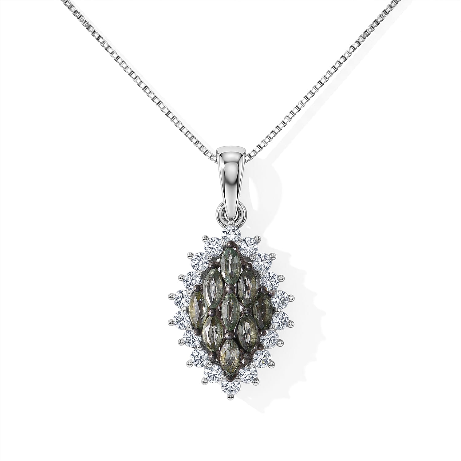 D'Joy Premium Green Sapphire and Moissanite 1.60 ctw Pendant Necklace in Rhodium Over Sterling Silver 20 Inches