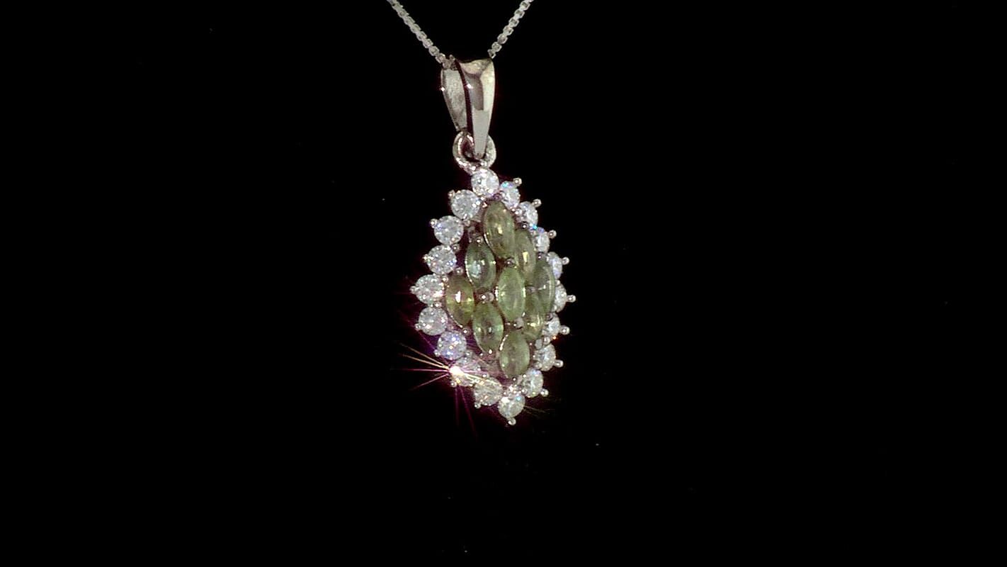 D''Joy Premium Green Sapphire and Moissanite 1.60 ctw Pendant Necklace in Rhodium Over Sterling Silver 20 Inches