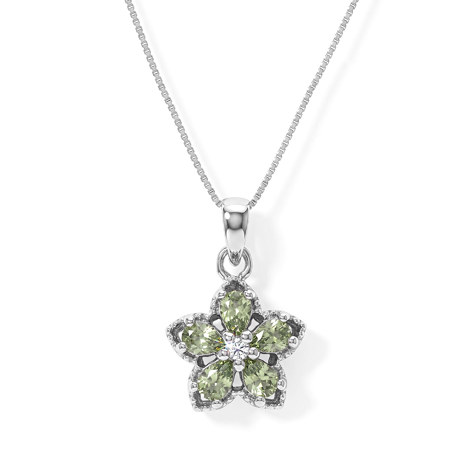 D'Joy Premium Green Sapphire and Moissanite 1.00 ctw Pendant in Rhodium Over Sterling Silver with Stainless Steel Necklace 20 Inches