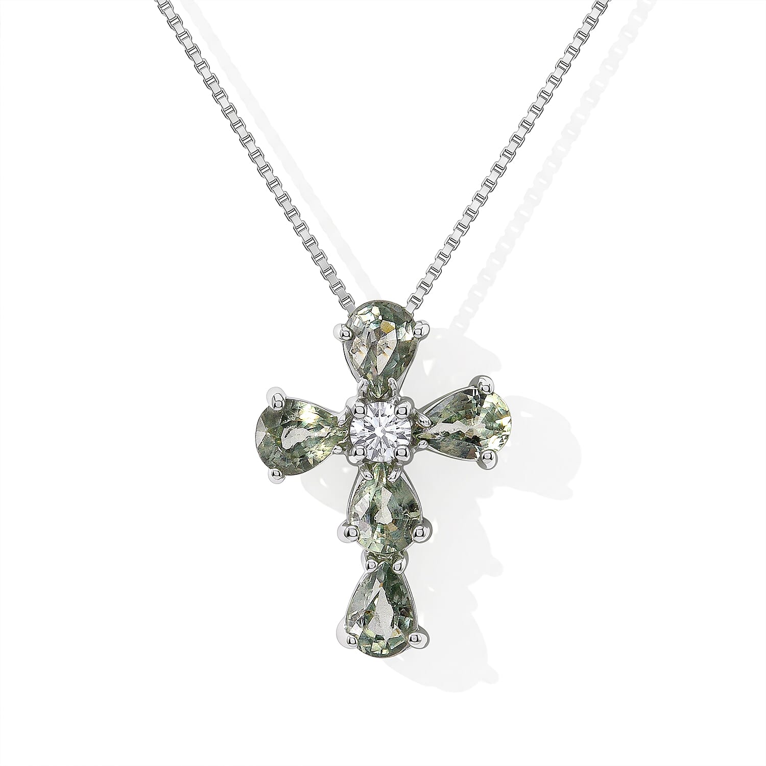 D'Joy Premium Green Sapphire and Moissanite 1.10 ctw Pendant in Rhodium Over Sterling Silver with Stainless Steel Necklace 20 Inches
