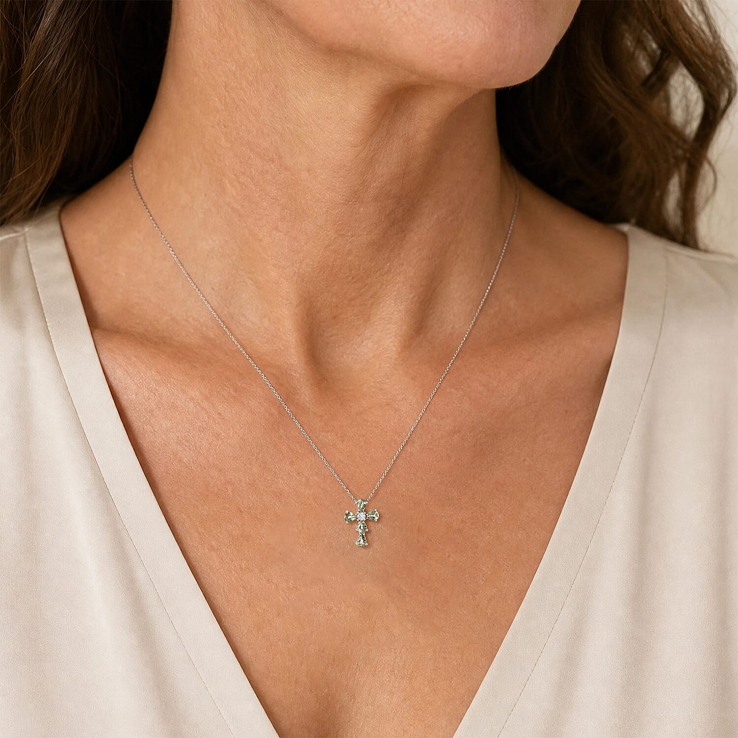 D'Joy Premium Green Sapphire and Moissanite 1.10 ctw Pendant in Rhodium Over Sterling Silver with Stainless Steel Necklace 20 Inches