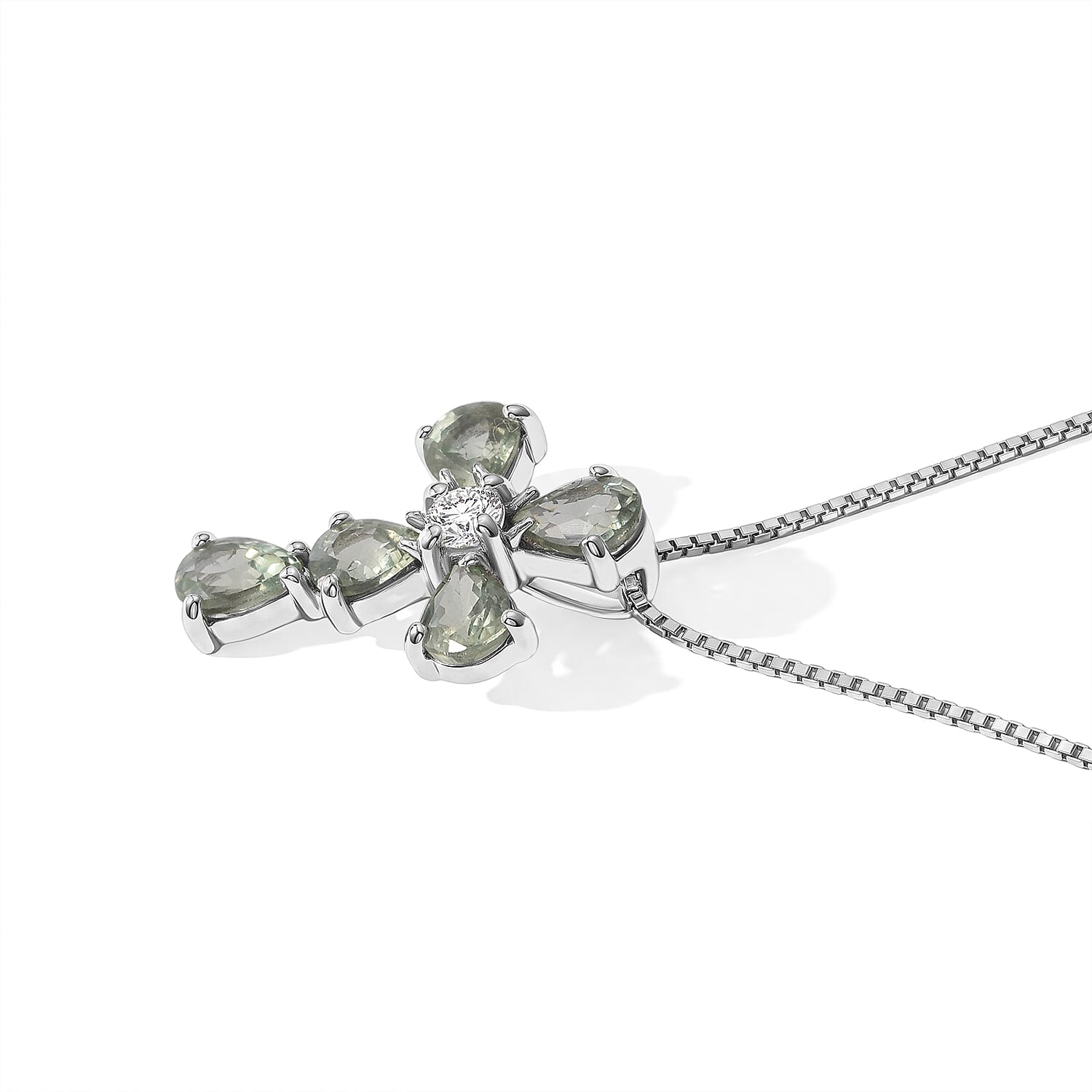 D'Joy Premium Green Sapphire and Moissanite 1.10 ctw Pendant in Rhodium Over Sterling Silver with Stainless Steel Necklace 20 Inches