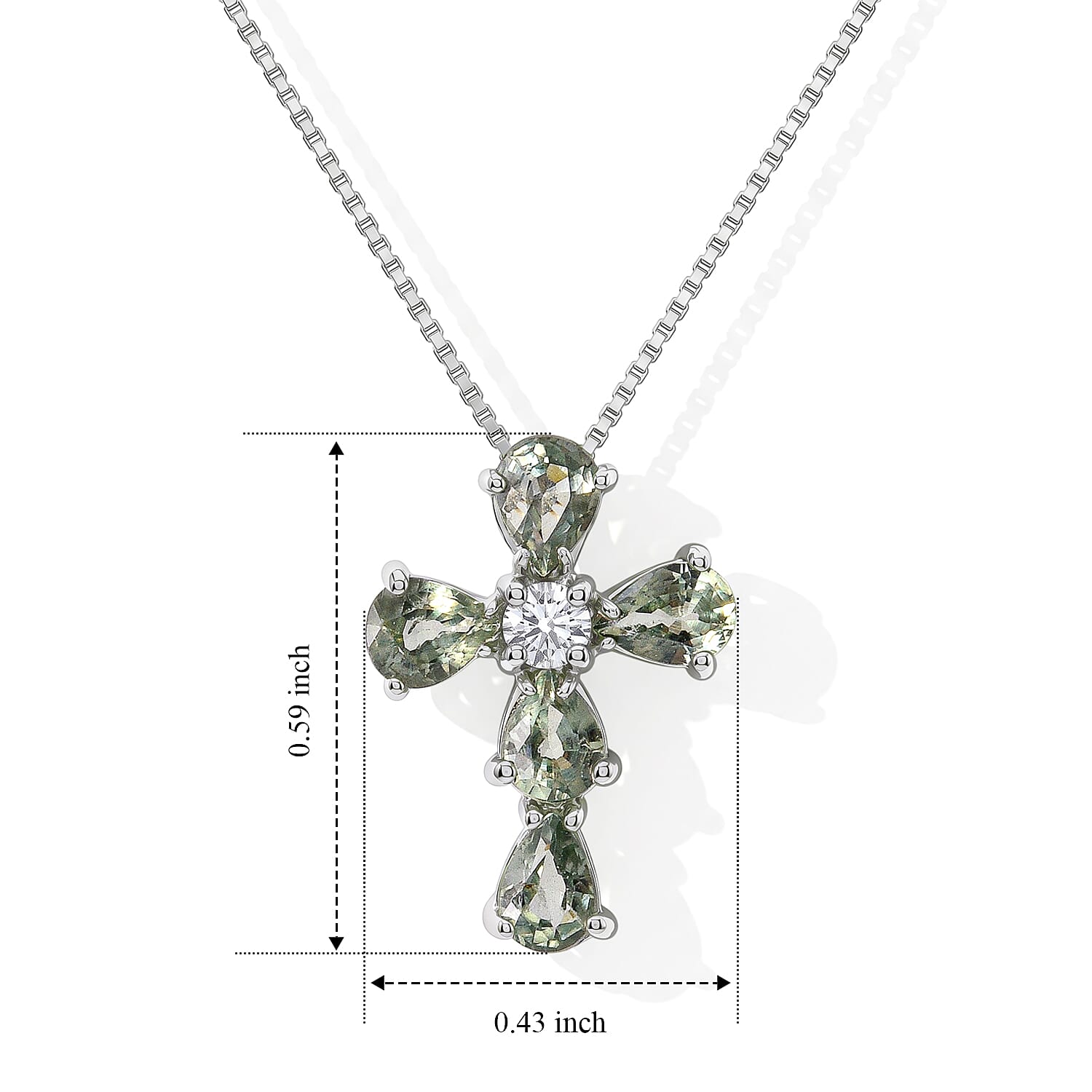 D'Joy Premium Green Sapphire and Moissanite 1.10 ctw Pendant in Rhodium Over Sterling Silver with Stainless Steel Necklace 20 Inches