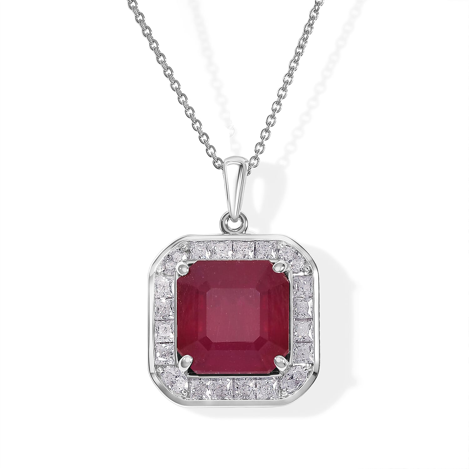 Certified and Appraised D''Joy Asscher Cut Premium Niassa Ruby (FF), Moissanite Pendant Necklace (18 Inches) in Rhodium Over Sterling Silver 10.00 ctw